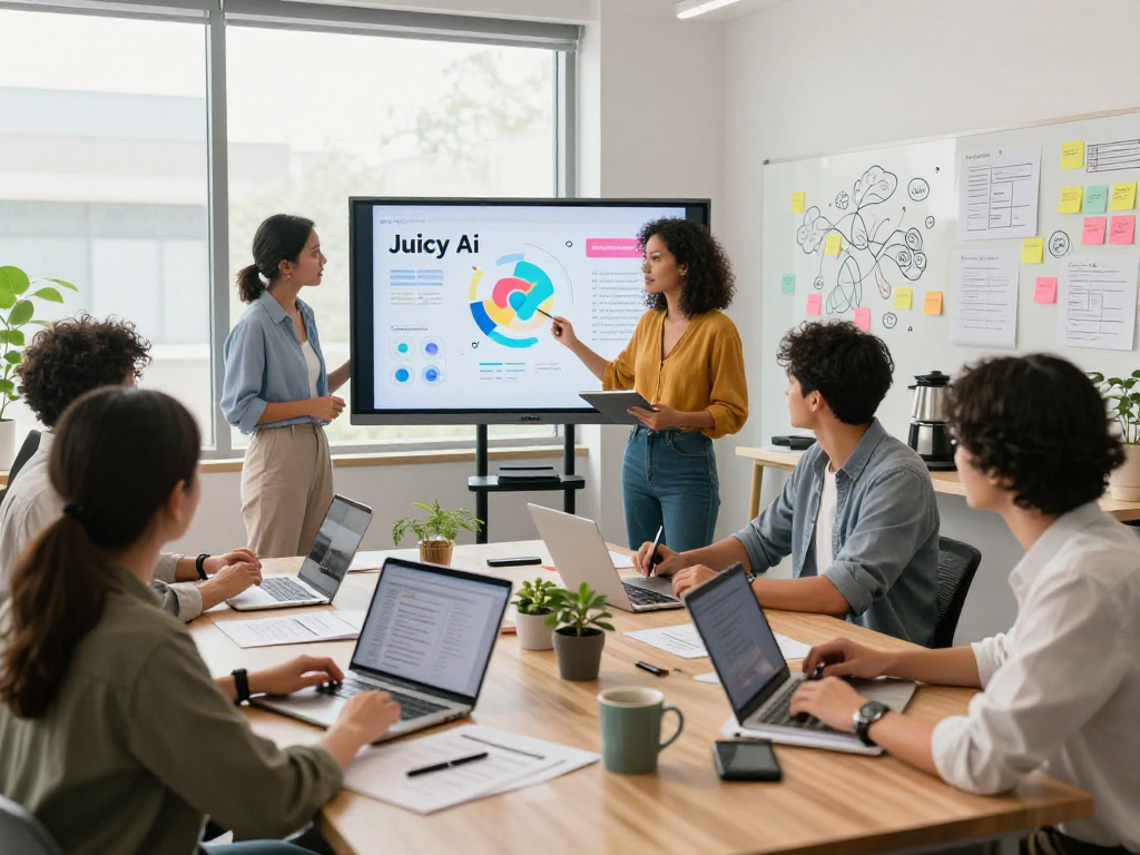 Dynamic Juicy ai marketing strategy session with professionals collaborating and brainstorming in a modern office environment.