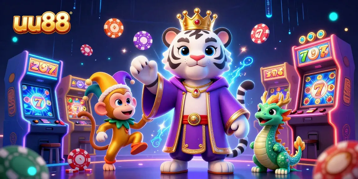 Engage with dynamic casino fun featuring uu88 in a vibrant, 3D illustration filled with games and characters.