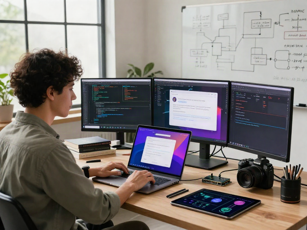 AI gf development in a modern workspace with tech gadgets, code snippets, and vibrant designs.
