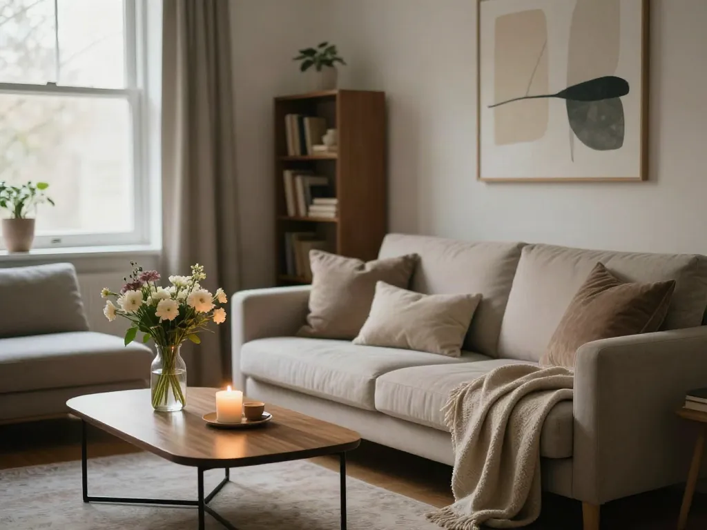 Cozy and elegant discreet apartment showcasing modern furniture and soft lighting for relaxation and intimacy.