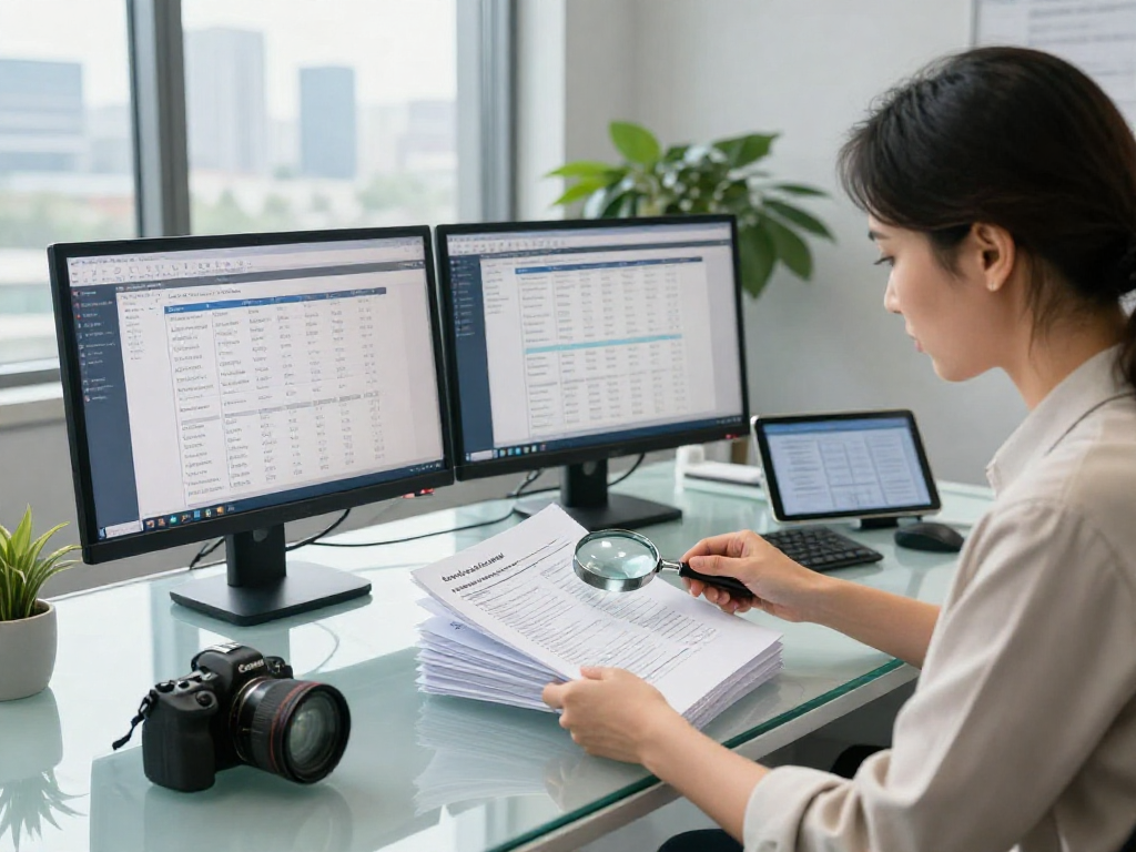 Document fraud detection analysis with an analyst examining suspicious documents in a professional office environment.
