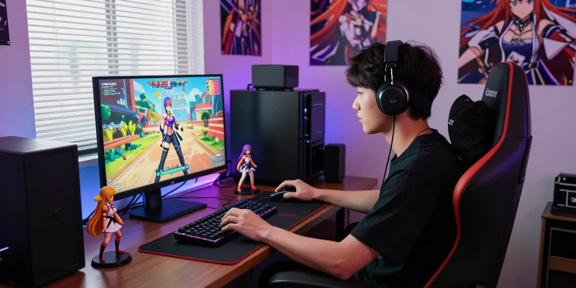 Engaged player enjoying a hentai game on a vibrant gaming setup with anime decor.