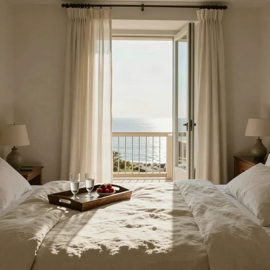 Camera a un boutique hotel sul mare, letto sfatto, vassoio colazione e porta aperta sulla costa luminosa