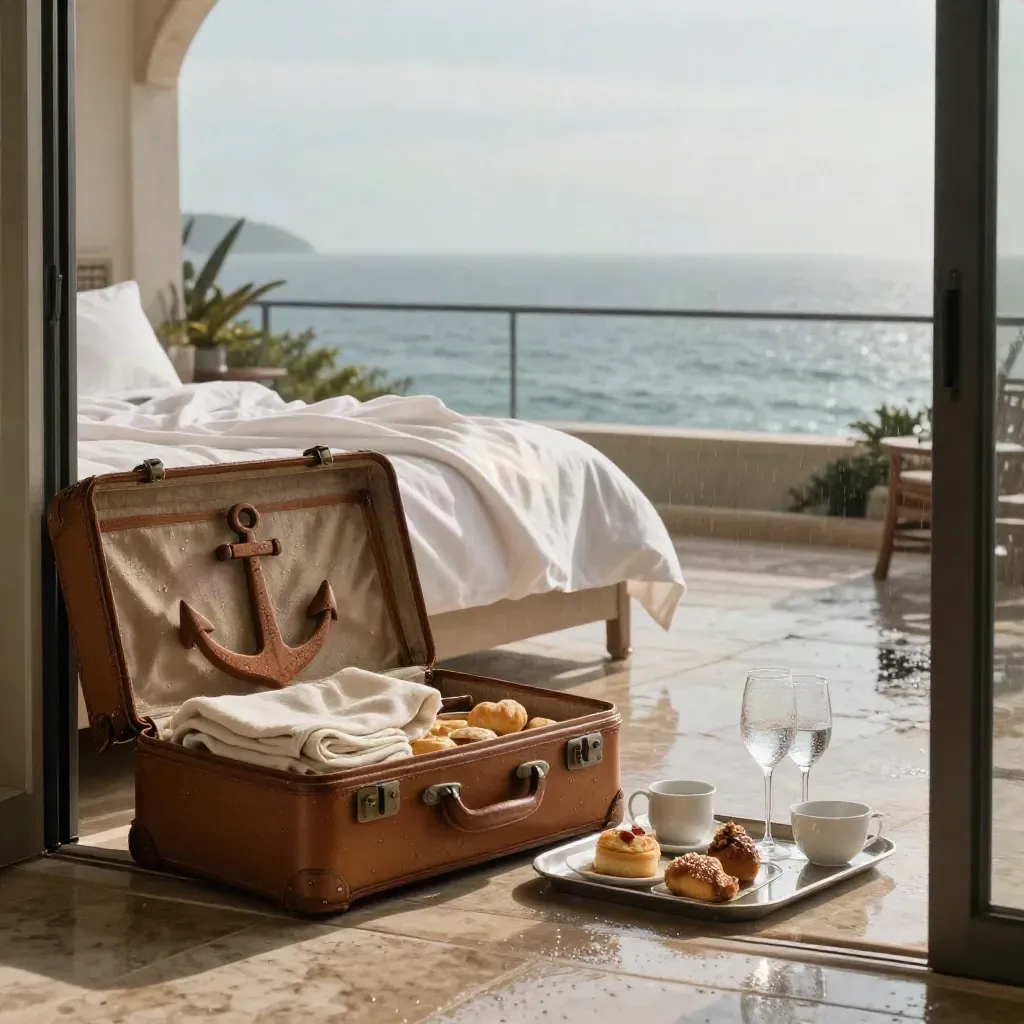 Suite vista mare con valigia in pelle, colazione e flûte dopo la pioggia.
