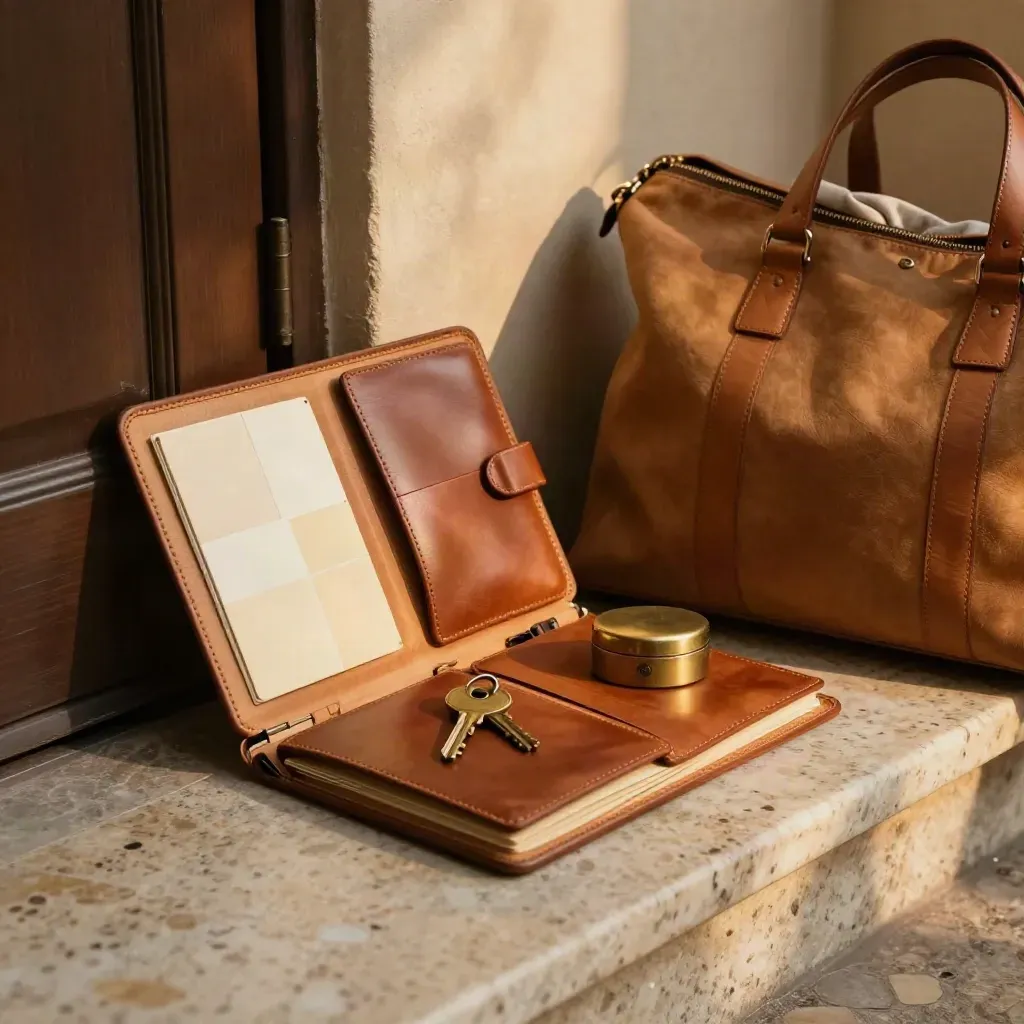 Itinerario in pelle aperto con chiavi d’hotel e borsa da weekend vicino a una porta socchiusa.