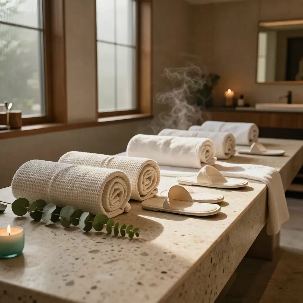 Spa hotel pronta con accappatoi, pantofole, eucalipto e candela su marmo, con vapore leggero