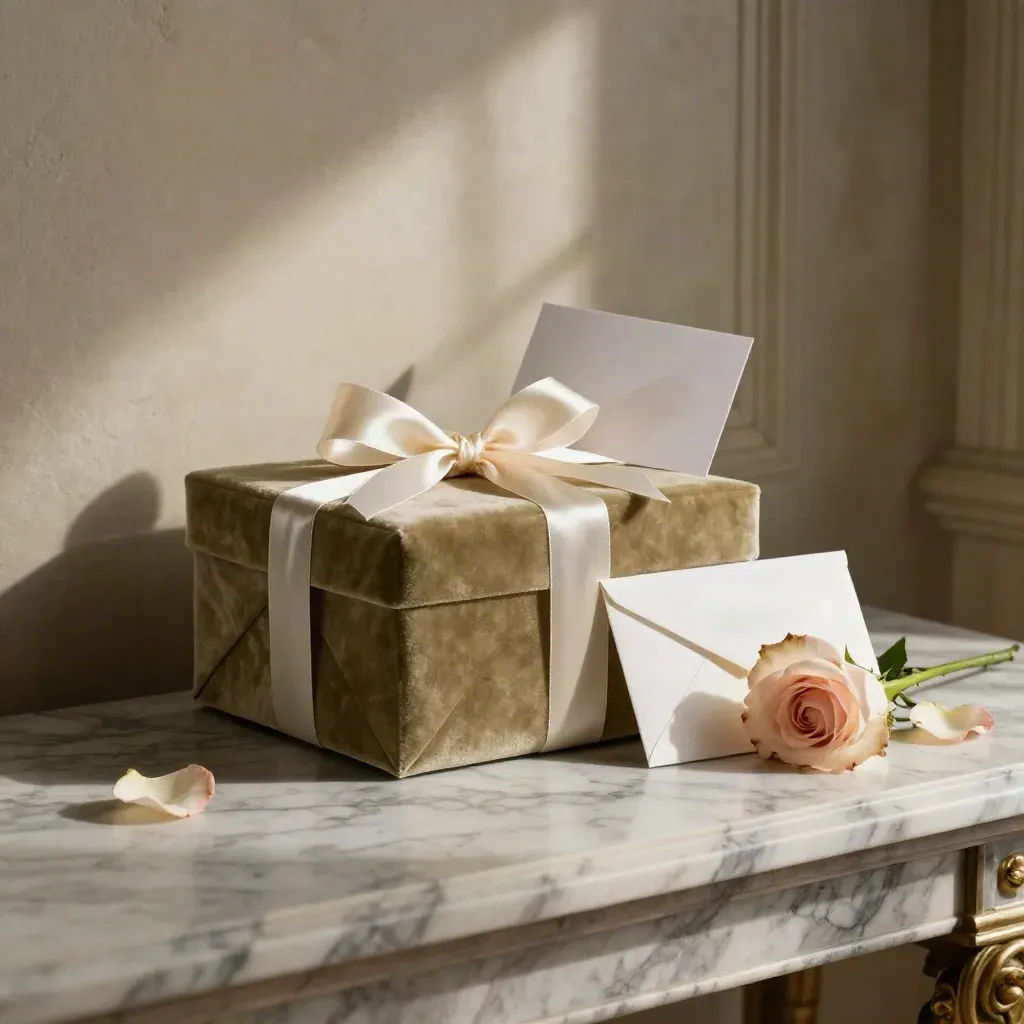 Scatola regalo in velluto con nastro di seta, rosa e busta su consolle di marmo.