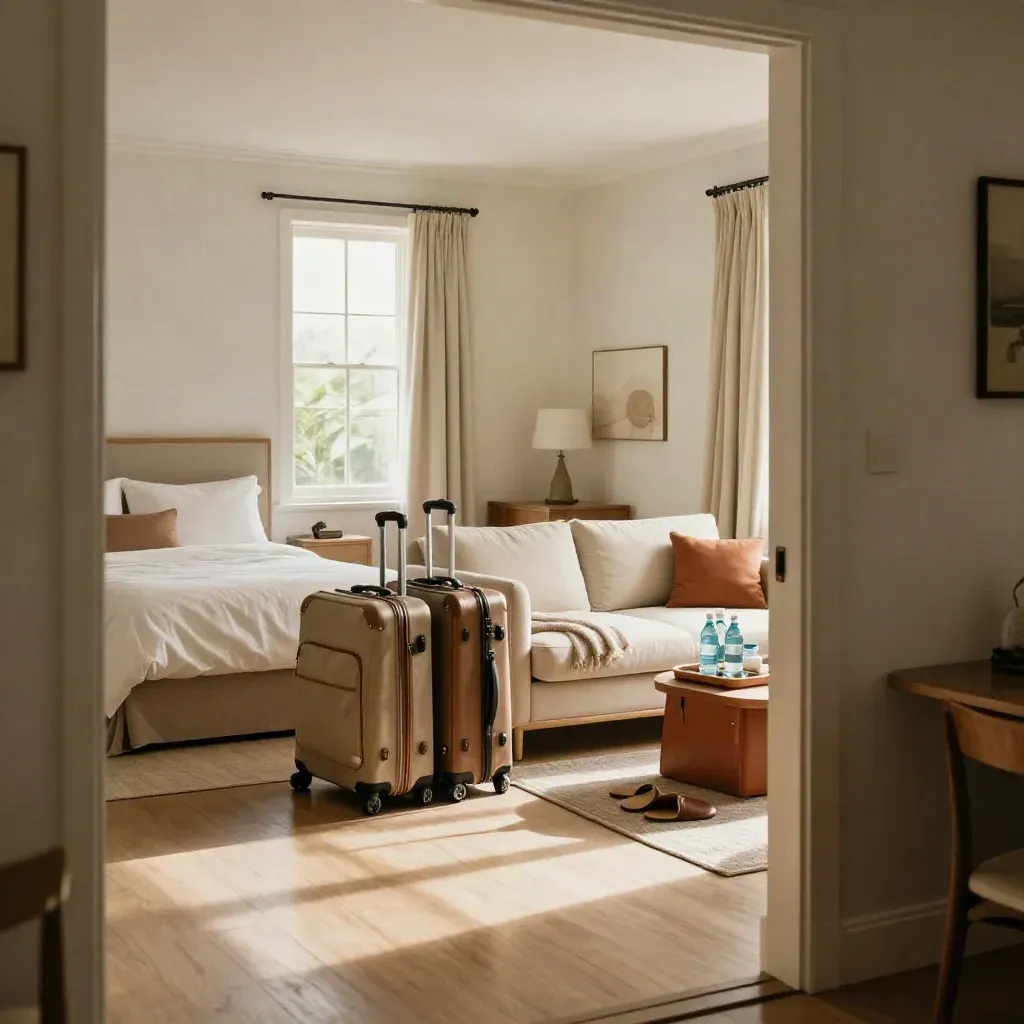 Suite familiare pronta per un weekend comodo, con letti, valigie e comfort accanto alla finestra.