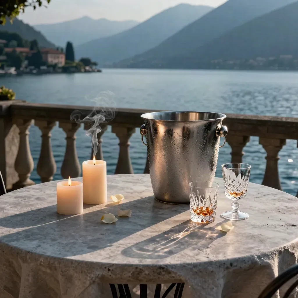 Terrazza sul Lago di Como al tramonto con candele, petali, ghiaccio e lago vellutato.