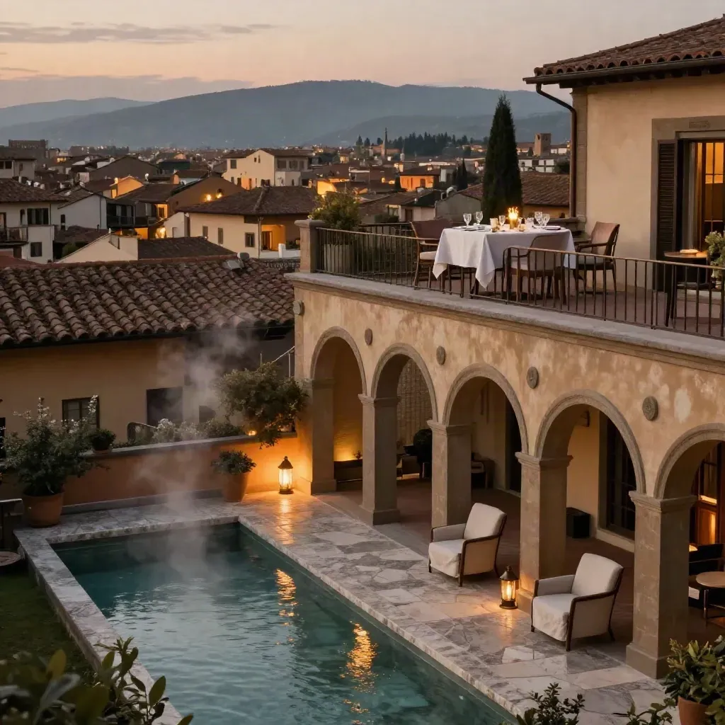 Cortile d’hotel a Firenze con spa illuminata e terrazza cena per due sopra i tetti.