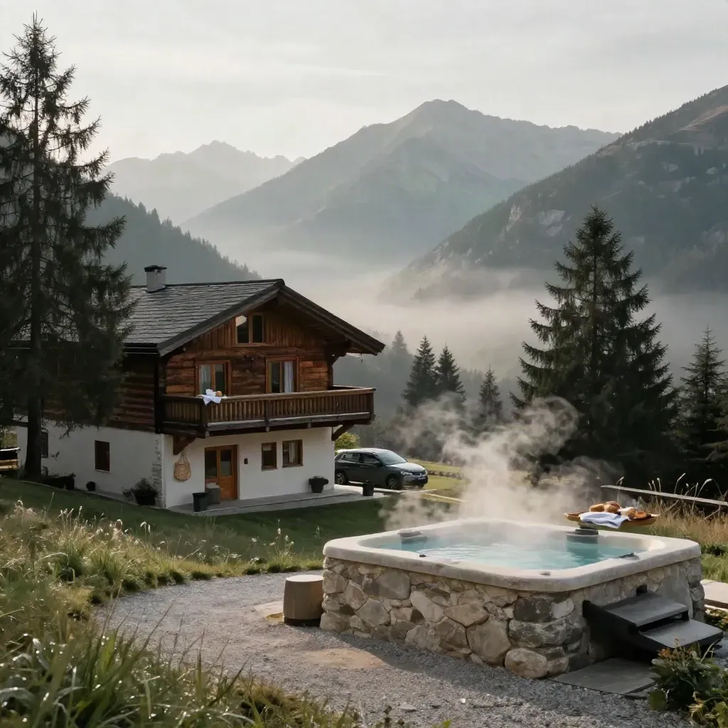 Lodge alpino in Trentino con colazione pronta, vasca fumante e auto sotto i pini.