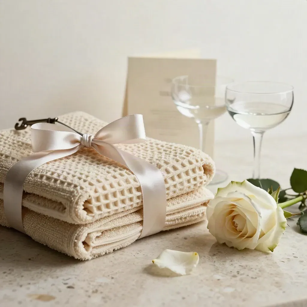 Kit romantico con asciugamani waffle, nastro di seta, rosa chiusa e coppe su travertino.