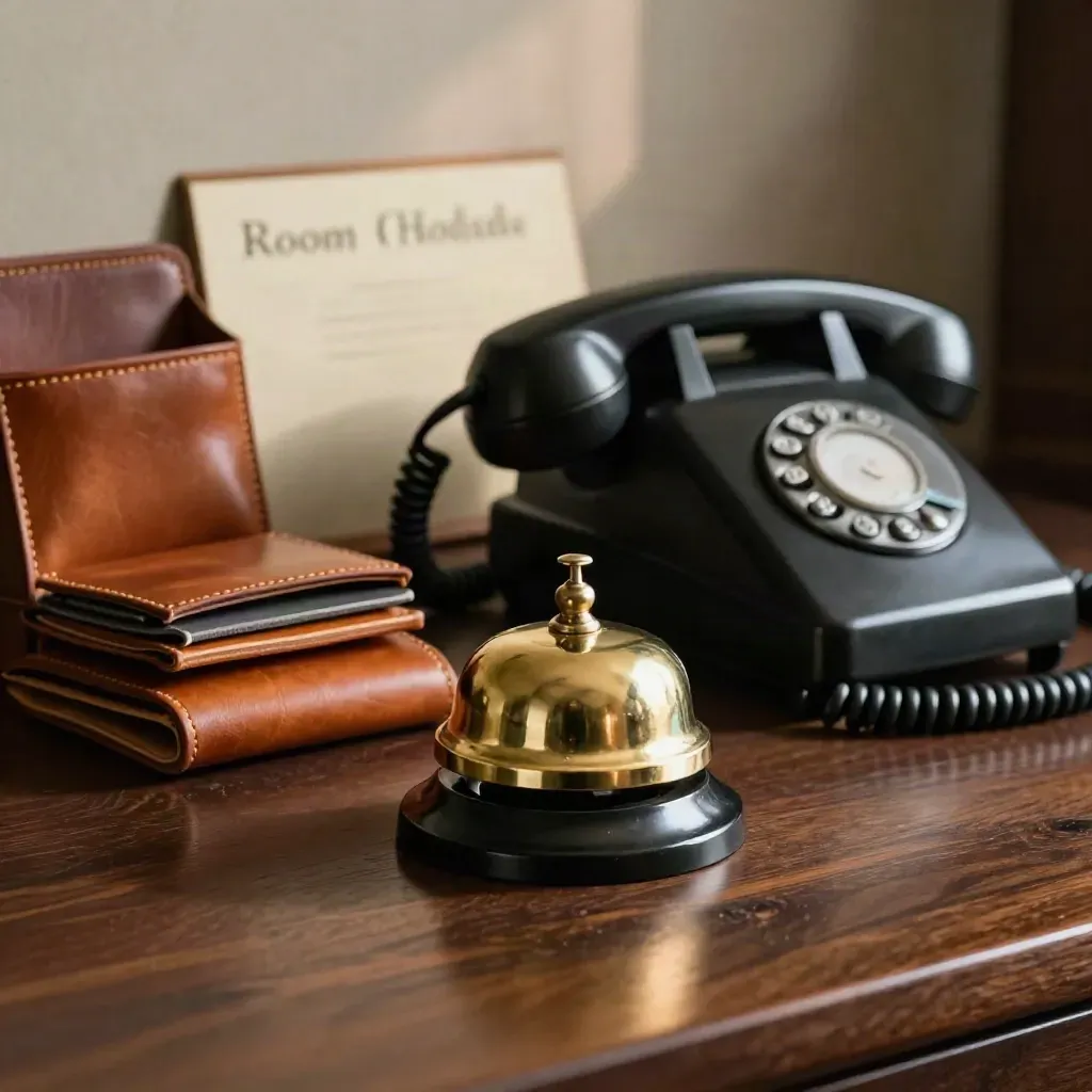 Banco coordinamento con campanello in ottone, telefono classico e custodie per chiavi su legno scuro.