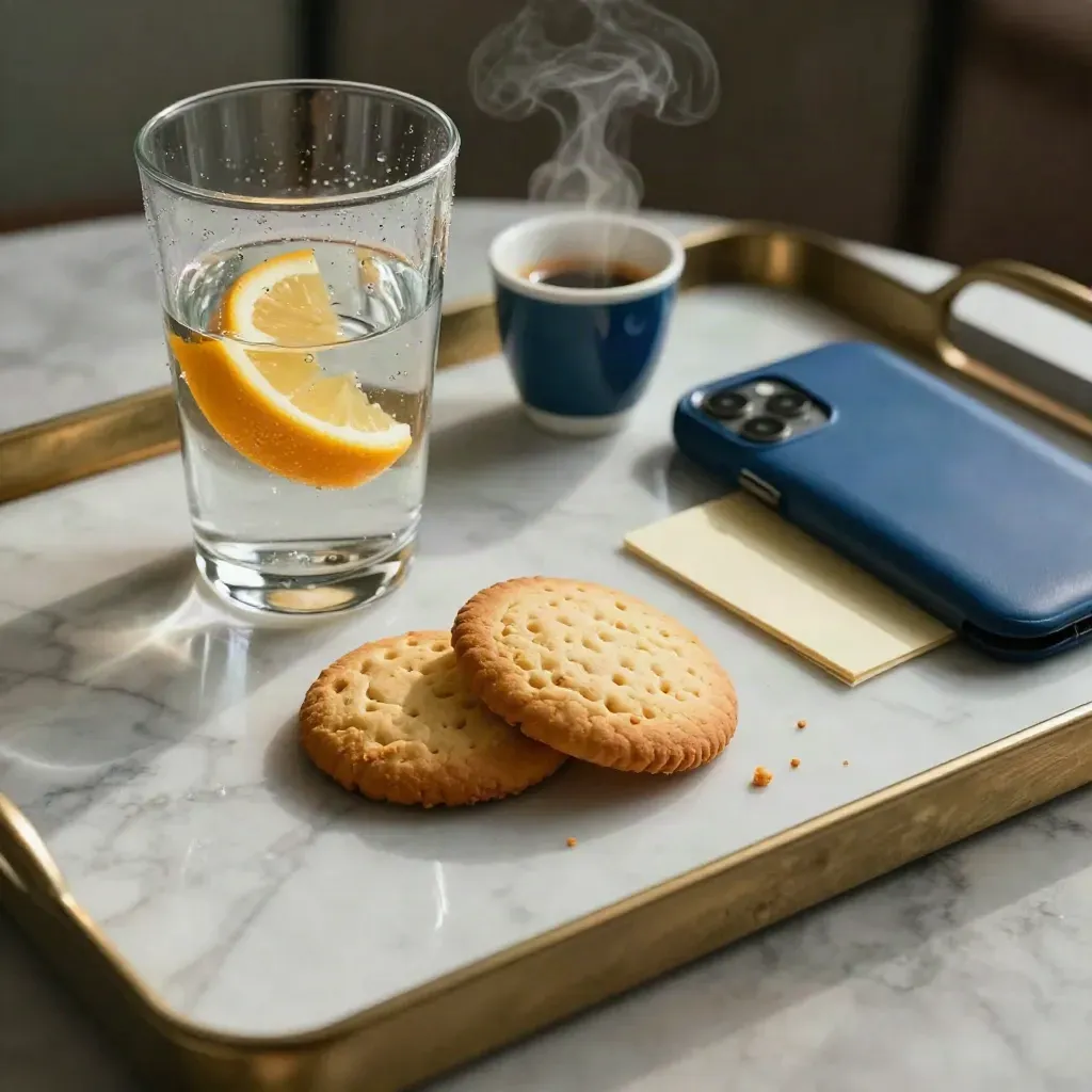 Vassoio in camera con acqua, agrumi, biscotti, espresso fumante e custodia telefono blu