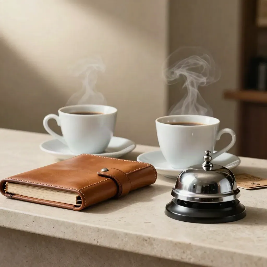Due tazze di caffè, folio in pelle e campanello d’hotel su pietra chiara.