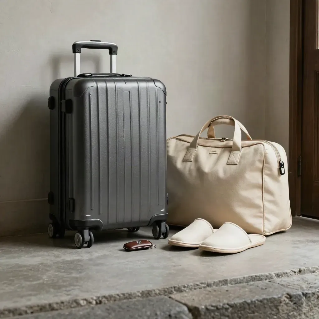 Trolley compatto, custodia chiavi, ciabatte piegate e borsa da cabina in un ingresso silenzioso.