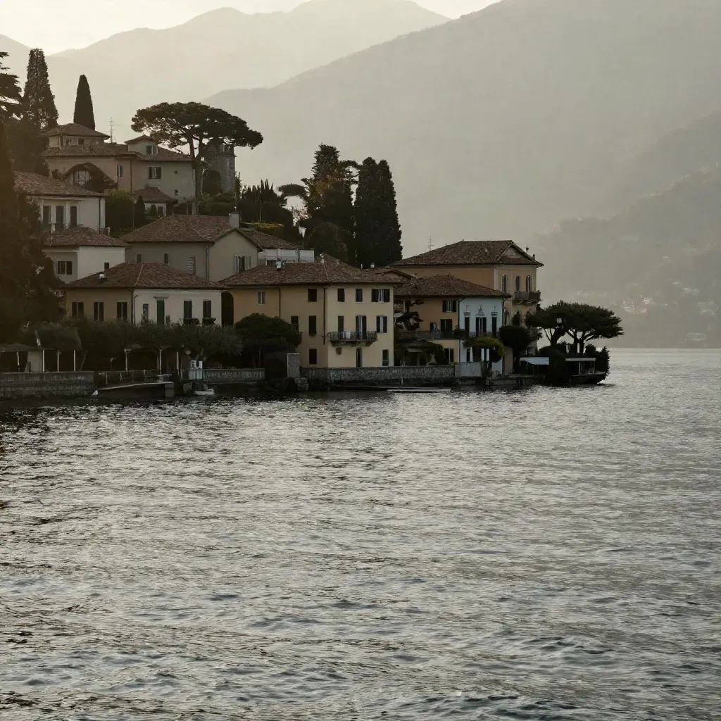 Vista ampia del Lago di Como con Bellagio in alto e acqua calma per il testo.