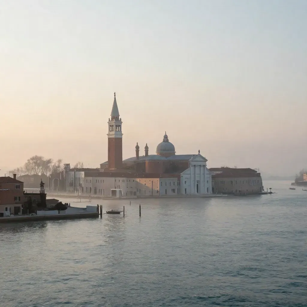 La laguna di Venezia all’alba con campanile, tetti rossi e nebbia luminosa
