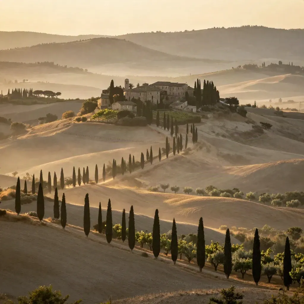 Colline toscane al tramonto con cipressi, borgo in cresta e nebbia dorata