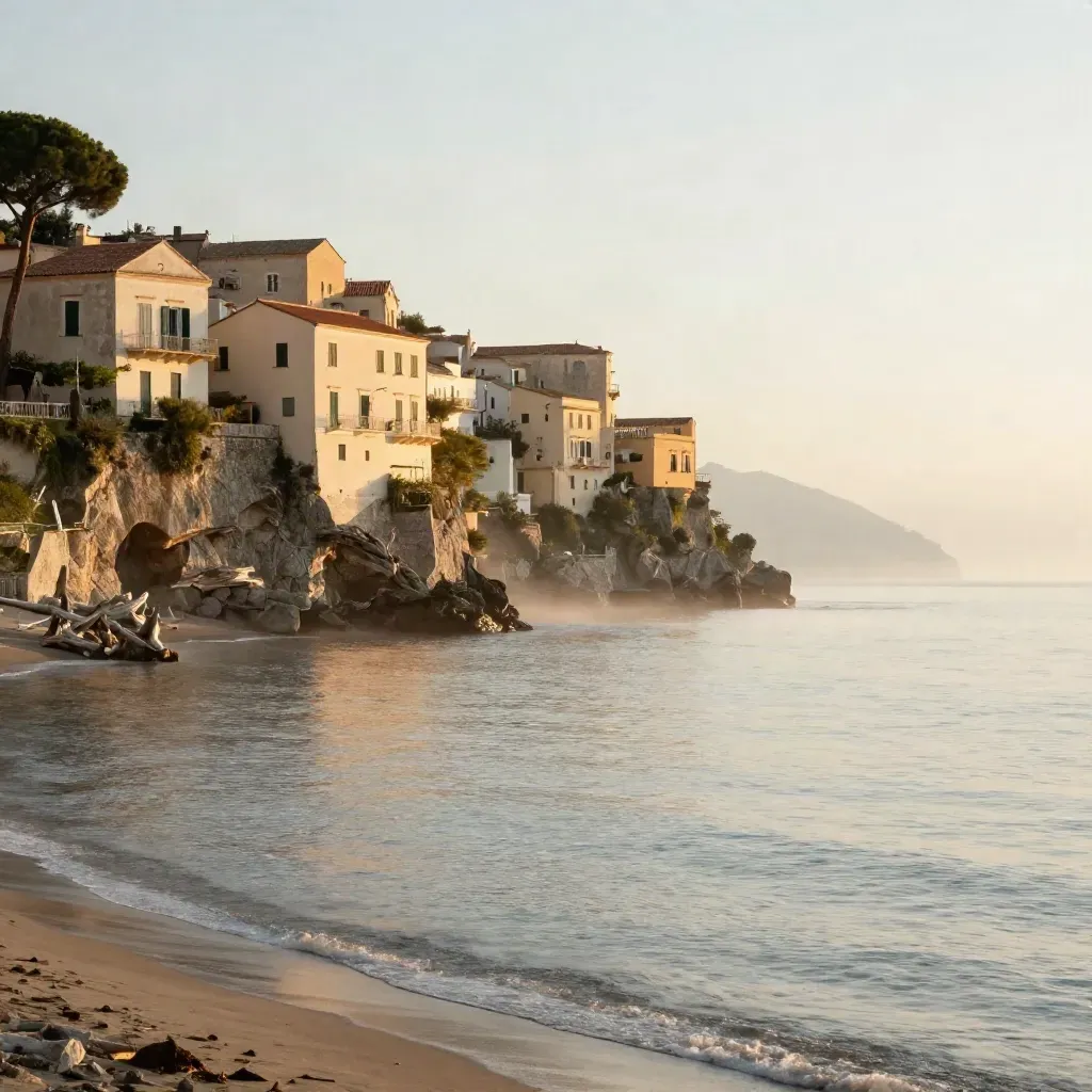 Costa di Sorrento con case bianche sulle scogliere e mare calmo in foschia dorata