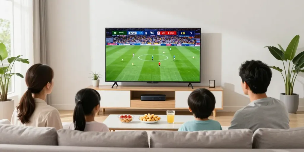 Family enjoying abbonamento iptv while watching soccer in a cozy living room.