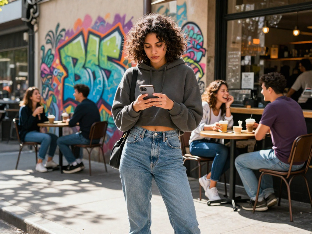 Young individual confidently engaging with sluts ai in a vibrant urban setting, styled with modern fashion amidst lively street art.
